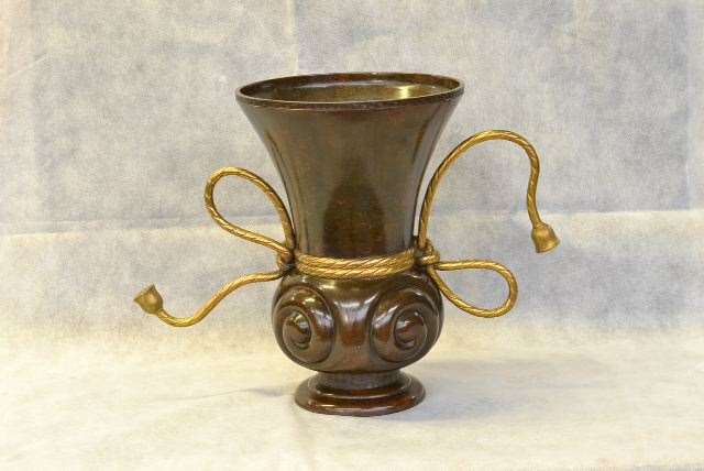 Japanese Bronze Flower Vessel with Gilt Gold Flowers